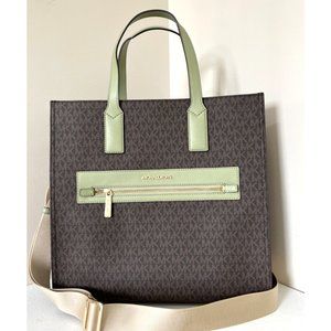 New Michael Kors Kenly Large Logo Tote Signature Brown / Light Sage